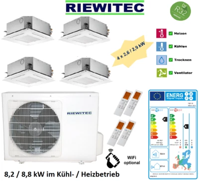 Split Klimaanlage  Deckeneinbau 4x2,6 kW RIEWITEC Wärmepumpe 8,2 / 8,8 KW A++ - Bild 1 von 4