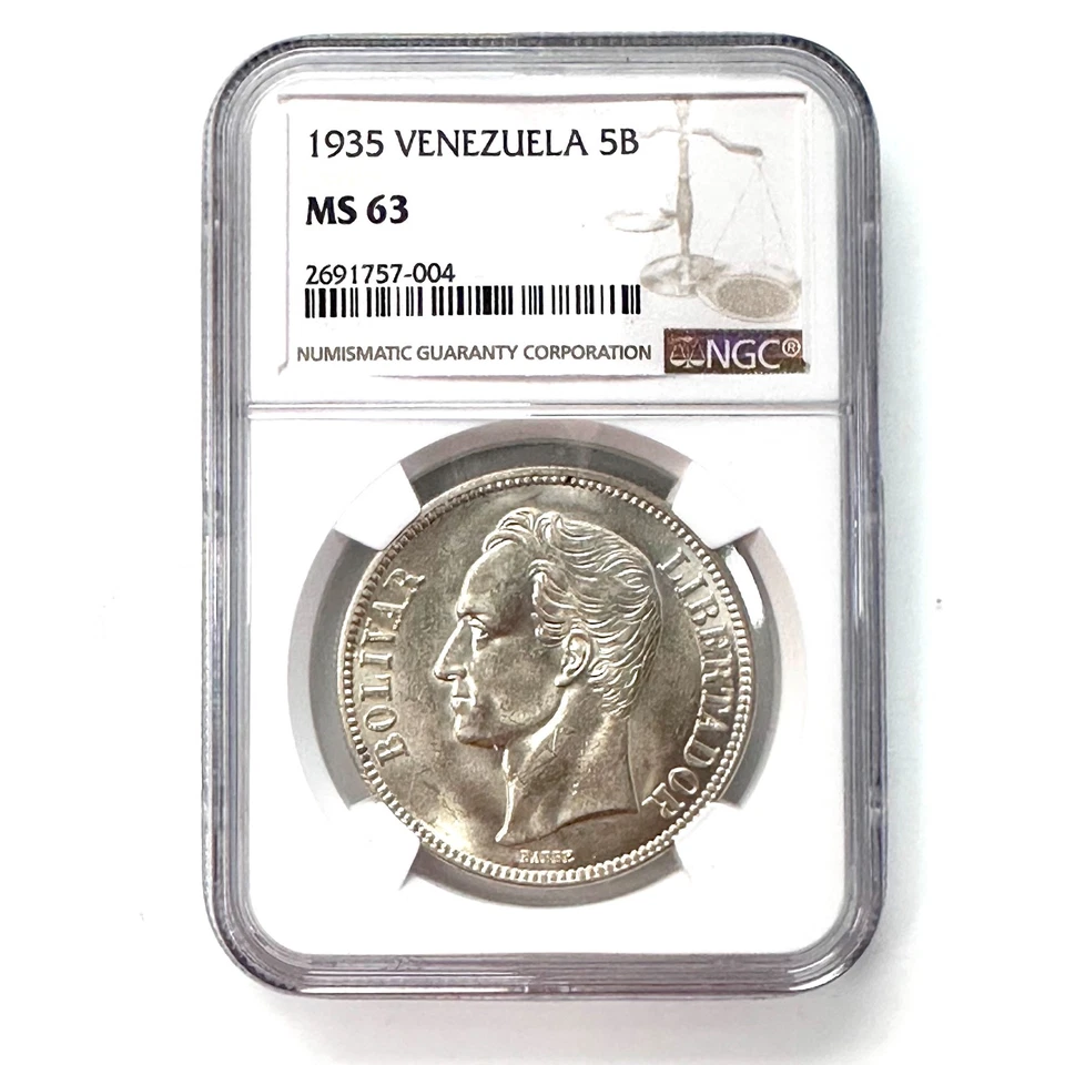 Moneda de 5 bolívares de plata corona Venezuela 1935 NGC MS63 Simón Bolívar escasa Foto 1 de 2