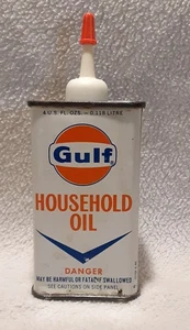 Lata de aceite vintage Gulf Household tamaño 4 oz vacía, EE. UU. - Imagen 1 de 9