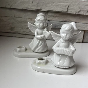 2 VTG LENOX CANDLE HOLDERS MUSICAL ANGELS ACCORDION AND HARP WHITE PORCELAIN - Picture 1 of 10