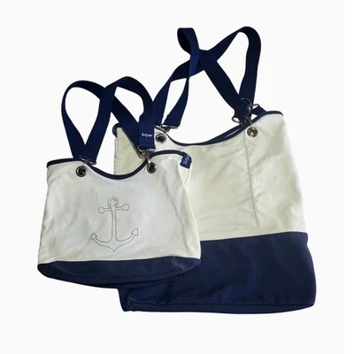 2 pc Thirty One Canvas Crew Tote Bags Large & Small Anchor Navy Blue Cream Lot - Image 1 of 4