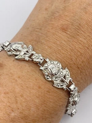 Marcasite Rose Bracelet in 925 Sterling Silver Vintage Handmade 7.5 Inch - Image 1 of 4