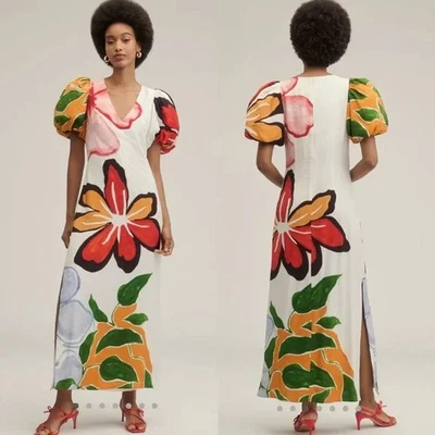 NWT By Anthropologie Puff-Sleeve A-Line Floral Maxi Dress Sz L Ivory #8C507 - Image 1 of 4