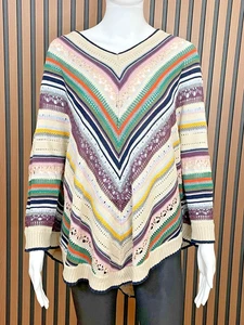 Democracy Women's Sweater Poncho Crochet Vintage Boho Hippie L/XL Beige Striped - Picture 1 of 6