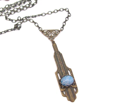 Art Deco Necklace Pendant Blue Opal Glass Vintage Style Ant. Brass Chain Cosplay - Image 1 of 4