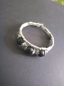 Attractive Tibetan Silver Bracelet with Black Coloured Beads - Picture 1 of 2
