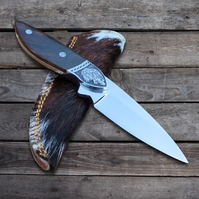  Handgefertigter J2-Stahl Jagdmesser mit feststehender Klinge und Lederscheide - Bild 1 von 4