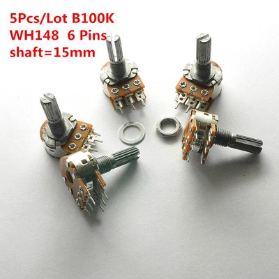 5Pcs B100K 100K WH148 15mm 6 Pin Dual Stereo Linear Potentiometer Double Rotary - Image 1 of 4