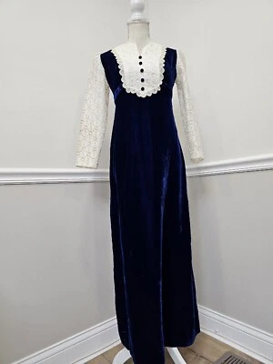 Vestido De Colección Años 60 Sin Marca Azul Terciopelo Real/Vestido Pionero de la Pradera/Como Está Foto 1 de 4