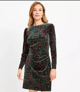 NUEVO Vestido Ann Taylor Loft Ornamental Floral Terciopelo Fruncido Talla 10 Vestido de Navidad - Imagen 1 de 7