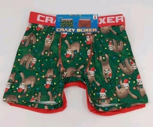 Crazy Boxers, 2 Pack Boxer Briefs, Solid Red & Green Christmas Sloths, Small AF9 - Picture 1 of 6
