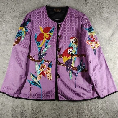 Alex Kim Jacket 2X Pink Floral Embroidered Macaw Parrot Cotton Art To Wear Artsy - Image 1 of 4