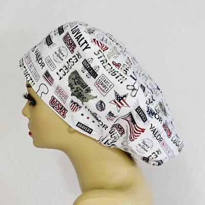Patriotic Women Scrub Hat Surgical Cap Scrub Hat Nurses Hat Medical USA Made - Image 1 of 4