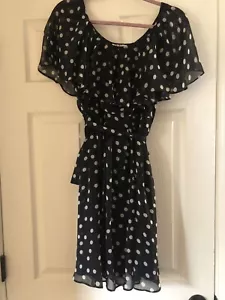 R&K Midi Dress 12 Navy White Polka Dot Belted Sleeveless A-Line Chiffon Lined - Picture 1 of 5