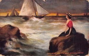 Postal: See What the Wild Waves Bring, Lady Watching Sailboards, publicada en 1911 - Imagen 1 de 2