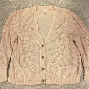 LL Bean Cardigan Womens Extra Large Peach Button V Neck Knit Pink - Picture 1 of 9