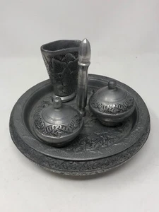 7 Piece Ceremonial Betel Nut Set Silver Aluminium Tray & Lidded Cups Asian Art - Picture 1 of 14