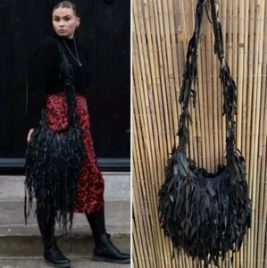 XL Huge Artisan Oversized 100% Leather Fringed Tassel Boho Goth Hippie Bag Brown - Picture 1 of 5