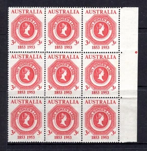 1953 ***MUH*** 3d ROSE RED Tasmanian Stamp Centenary C/nr BLOCK of 9 with PIP. - Picture 1 of 2