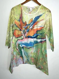 Leoma Lovegrove Floral Print Rhinestone Lace Wearable Art Asymmetrical Top Sz S - Picture 1 of 6