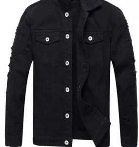 LZLER Jean Jacket for Men, Classic Ripped Slim Denim Jacket, Black, Size Medium - Picture 1 of 6
