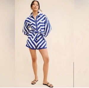 Farm Rio Blue & White Striped Romper size XL belted button-front beach boat $260 - Picture 1 of 21