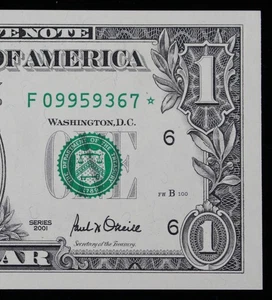 $1 2001 Star Gem CU Federal Reserve Note F09959367* Atlanta, 640K Run 4 one buck - Picture 1 of 3