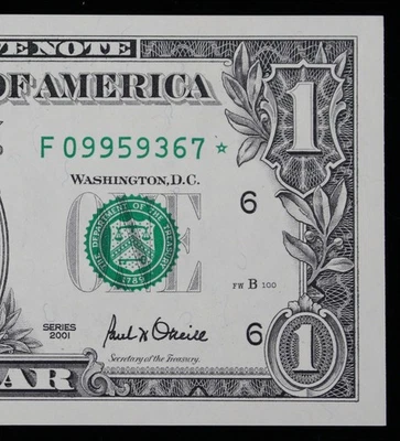 $1 2001 Star Gem CU Federal Reserve Note F09959367* Atlanta, 640K Run 4 one buck - Image 1 of 3