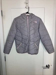THE NORTH FACE Reversible Gray/Pink Puffer Hooded Full Zip Jacket Girls XL 18 - Picture 1 of 2