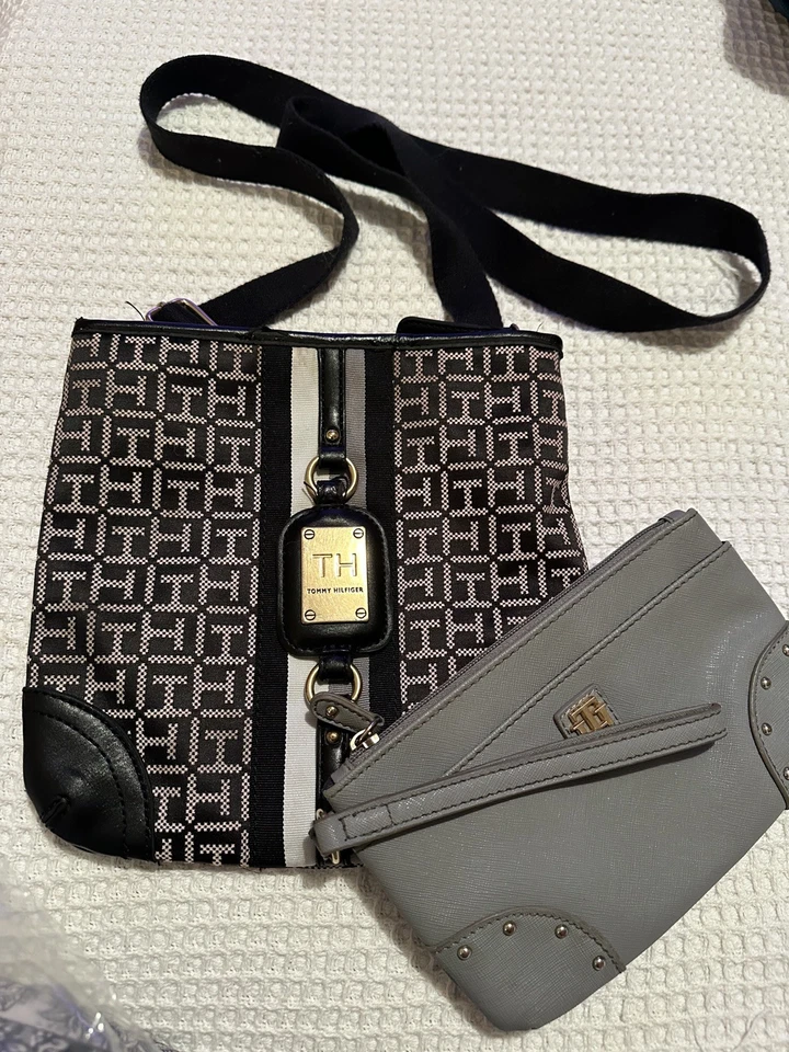 Tommy Hilfiger COMBO: MONOGRAM JAQUARD CROSSBODY Black and  TH wristlet. - Image 1 of 1