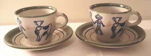 2 tazas y platillos Louisville de gres leche y miel granjero esposa vaca borde verde - Imagen 1 de 3