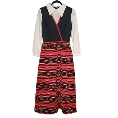 Vintage 60s Vicky Vaughn Dress Long Sleeve Maxi Tweed Red Black Mod Collar 11 M - Image 1 of 4