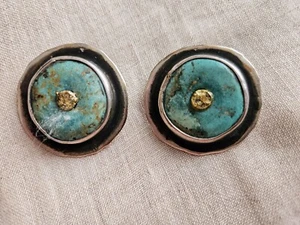 Silver, Turquoise, and Gold Clip Ear Rings - Picture 1 of 3
