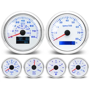 6 Gauge Set 85mm White GPS Speedometer 80MPH/120KM/H Tacho/Fuel/Temp/Oil/Volt - Picture 1 of 9