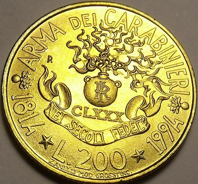 Gem Unc Italy 1994 200 Lire~180th Anniversary Of Carabinieri~Read The Story~Fr/S - Image 1 of 2