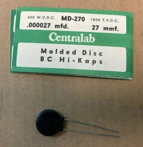 Nuevo de lote antiguo Centralab tipo MD disco moldeado cerámica BC Hi-Kaps, MD-270, 27 MMF 600VDC - Imagen 1 de 4