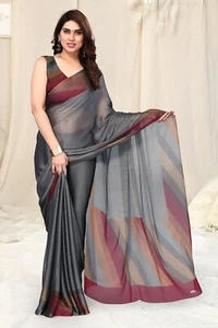 FASHION Women's Stylish Chiffon Colorblocked Strips Printed Saree with Blouse - Picture 1 of 8