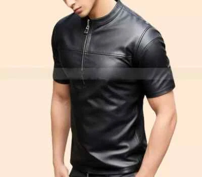 Nueva Camiseta para Hombres Negra Elegante Hecha a Mano Piel de Cordero Cuero Genuino Moda Informal Foto 1 de 4