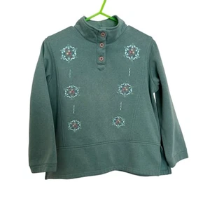 Vintage Green Floral Embroidered 1/4 Button Mockneck Sweatshirt Y2K Cottagecore  - Picture 1 of 4