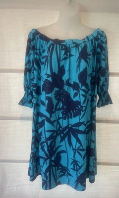Tori Richard Leonora Teal/Navy Bamboo Birds Leaf Off Shoulder Short Dress~M~NWOT - Image 1 of 4