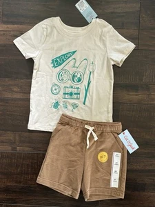 NWT Cat & Jack Boys Size 3T T-Shirt Shorts Summer Outfit Explore Bugs Khaki Tan - Picture 1 of 2