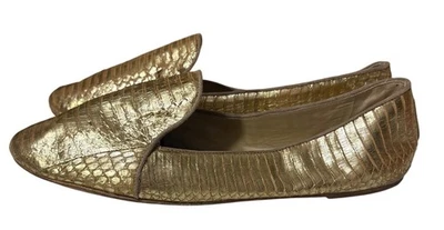 Mocasines Brian Atwood Talla 10 Dorado Metálico Piel de Serpiente Cuero Texturizado Foto 1 de 4