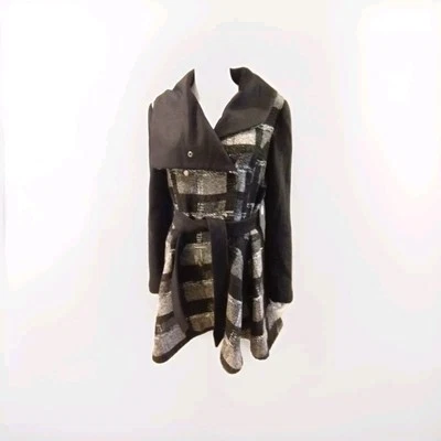 Abrigo Shelli Segal Laundry Negro Blanco Cuadros Cinturón Talla Mediana Foto 1 de 4