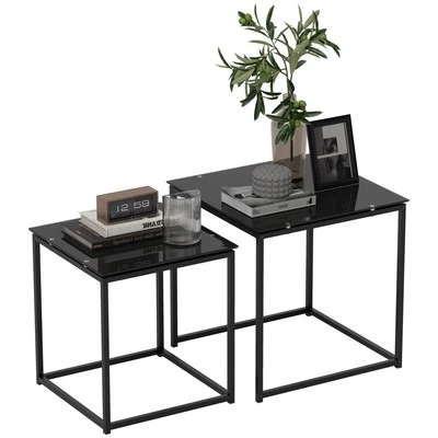 HOMCOM Nest of 2 Side Tables Set of Bedside Tables for Living Room Black - Image 1 of 4