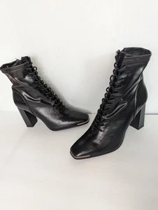 Forever 21 Black Block Heel Square Toe Lace Up Boots Size 10 Granny Witchy Core - Picture 1 of 8