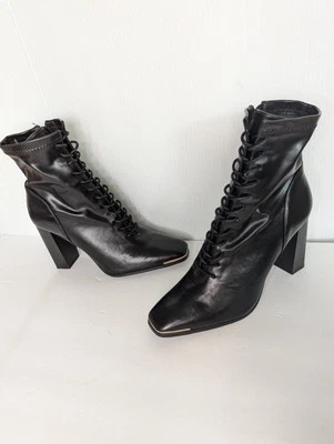 Forever 21 Black Block Heel Square Toe Lace Up Boots Size 10 Granny Witchy Core - Изображение 1 из 4