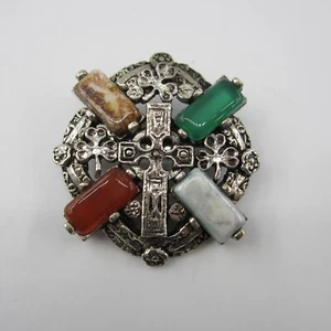 Vintage Brosche Anstecknadel Keltenkreuz mit Natursteinen silberfarben - Bild 1 von 7