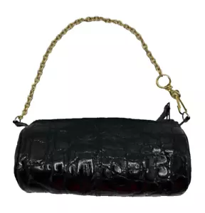 Small Black Croc Embossed Purse Gold Tone Chain Barrel Cylinder Vtg Evening Bag - Picture 1 of 10