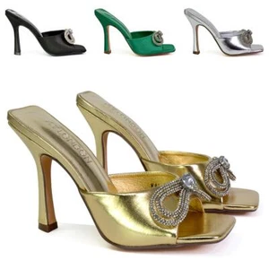 Sandalias de mujer con arco de aguja de diamante para dama tacón alto zapatos de mula talla - Imagen 1 de 46