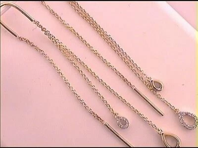 10K YELLOW GOLD ROUND DIAMOND DOUBLE TEARDROP DANGLE THREADER EARRINGS 1/8 CTTW - Image 1 of 3